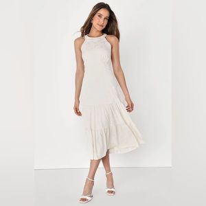 Lulu’s Celebration Charm Ivory Satin Jacquard Tiered Halter Midi Dress